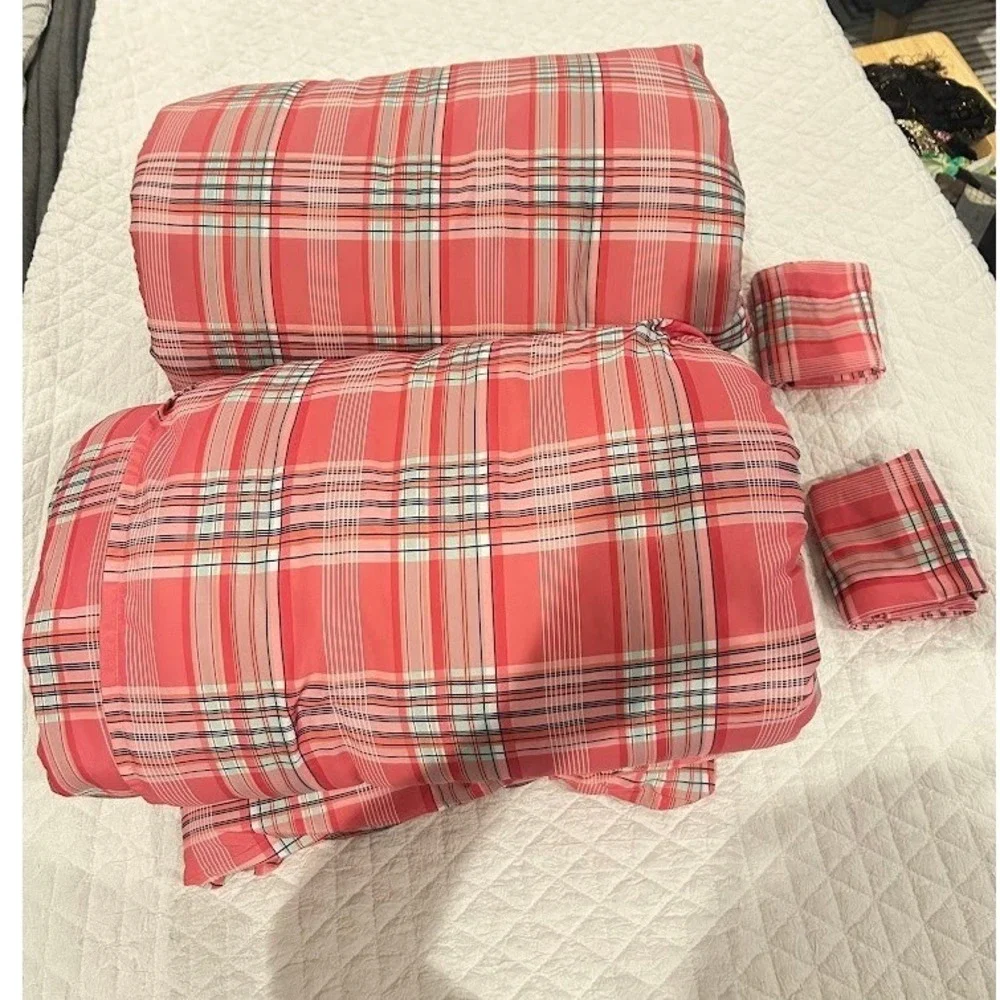 Tommy Hilfiger Twin Comforter Set Lot of 2 Coral Pink Navy Plaid with Shams